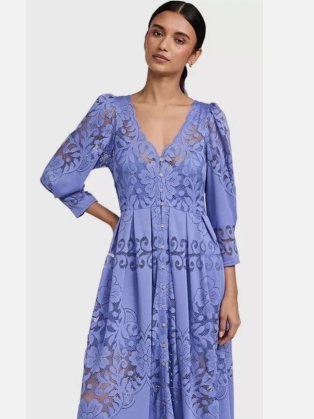 Free People Lace-Embroidered V-Neck Midi Dress in Periwinkle
